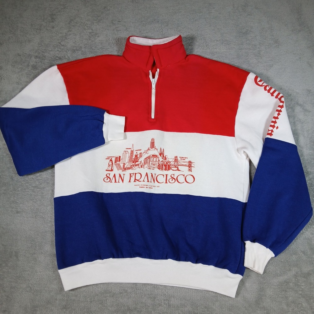 Vintage San Francisco Sweater Men's M Red White Blue Colorblock 1/4 Zip Pullover